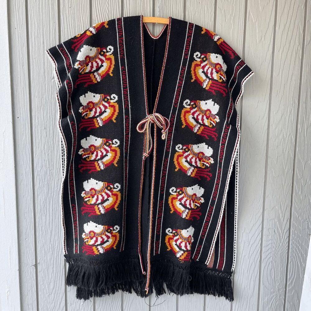 Vintage 70s Knit Aztec Festival Poncho Travel with Fringe, Tie Front